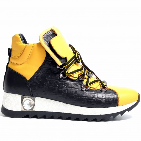 133-2059 Black/Yellow Дамски кецове от естествена кожа